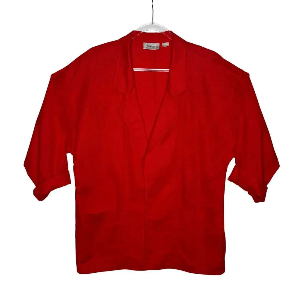 1990s Liz Claiborne Red Linen Open Front Oversized Jacket Size 6 M/L